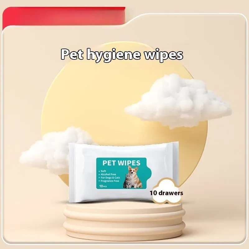 Pet hygiene wipes in 10-draw dispenser pack for cleaning dog or cat paws and coat