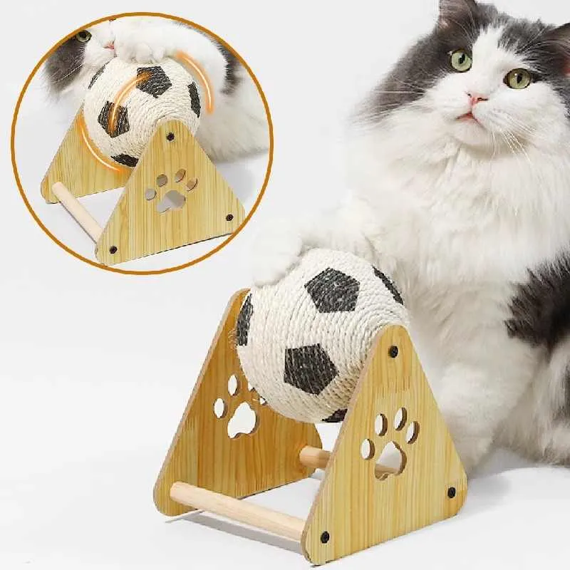 Vertical wooden cat scratch board with solid wood base and sisal rope winding, football style colour