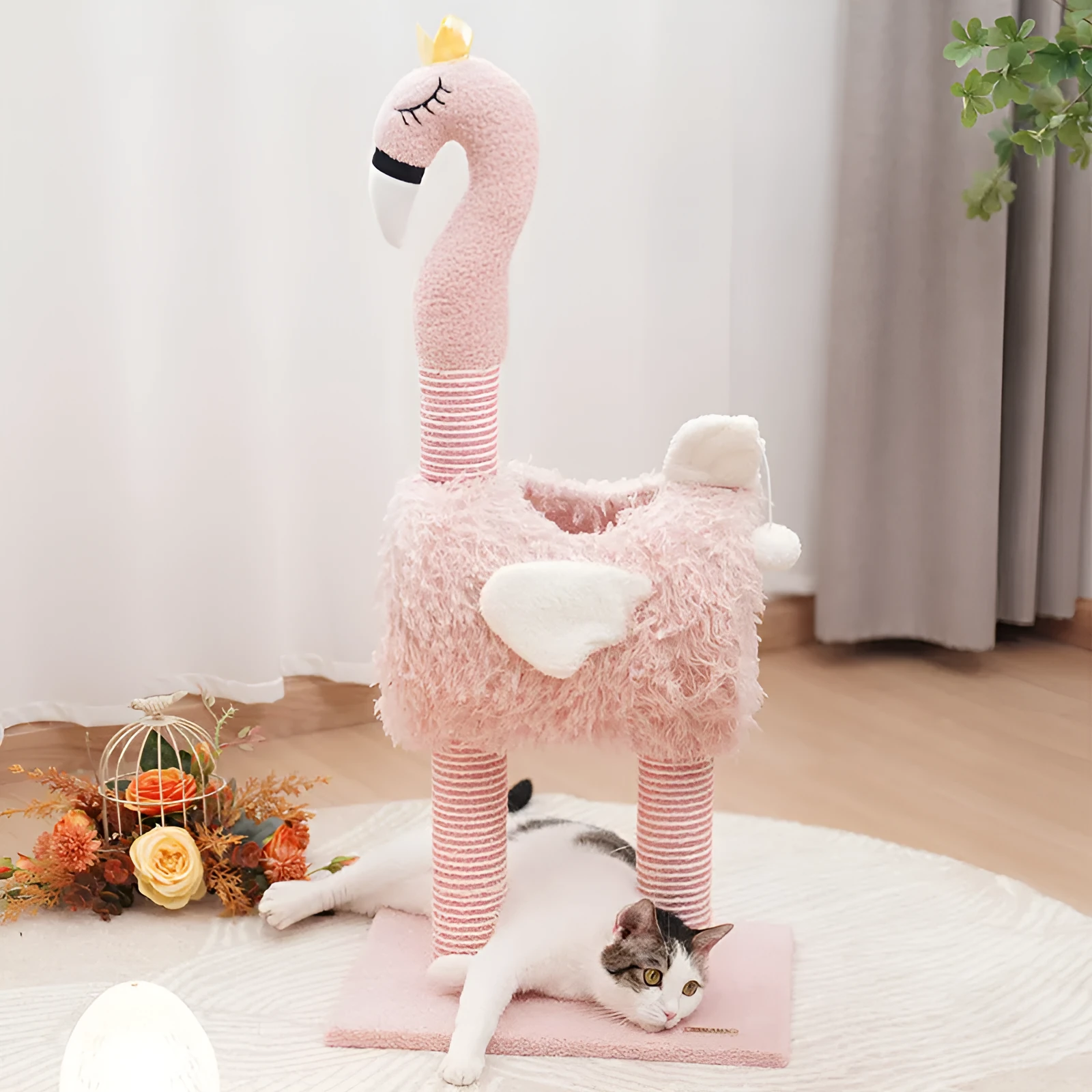Multi-functional sisal cat climbing frame with nest in pink colour for indoor cats