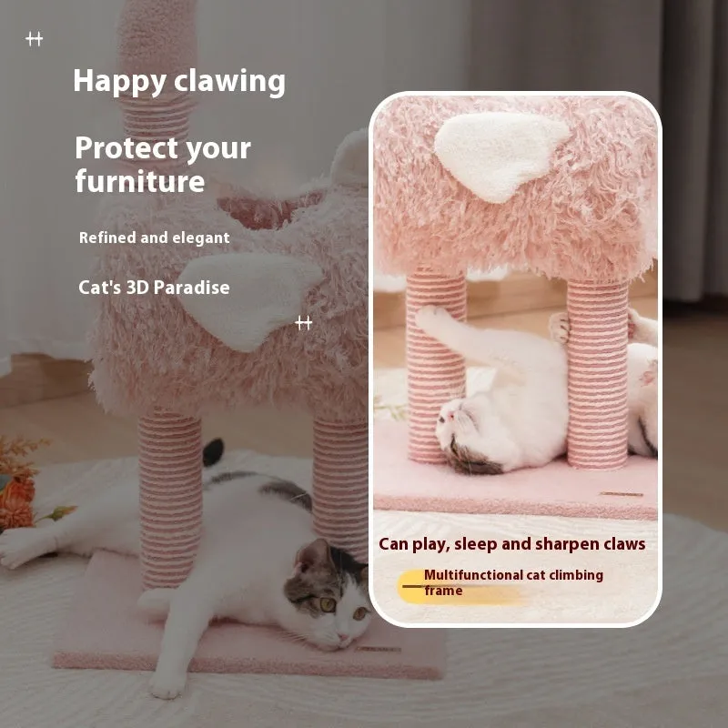 Multi-functional sisal cat climbing frame with nest in pink colour for indoor cats