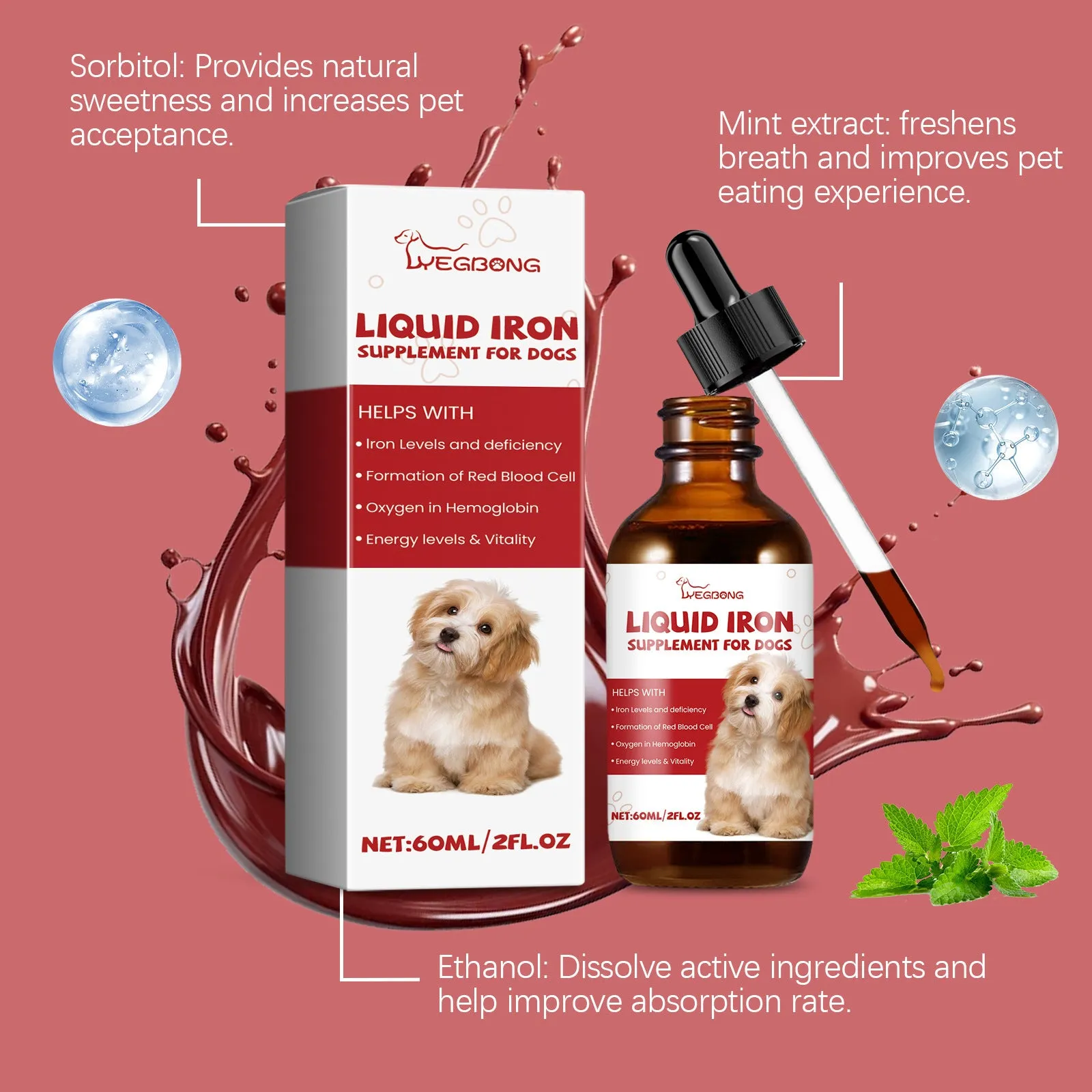 Pet dog syrup care supplement 60ml mint extract with product bottle and packaging