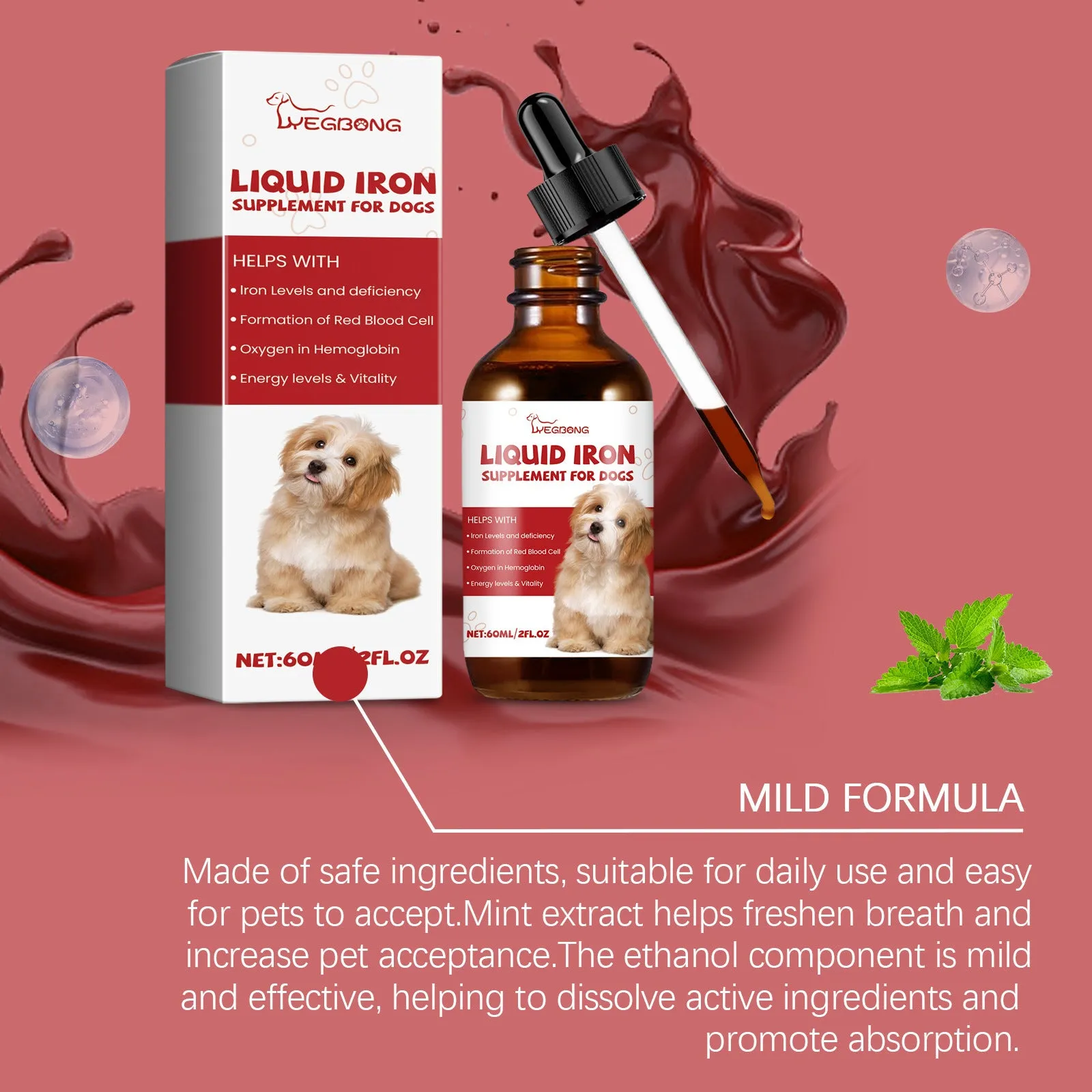 Pet dog syrup care supplement 60ml mint extract with product bottle and packaging