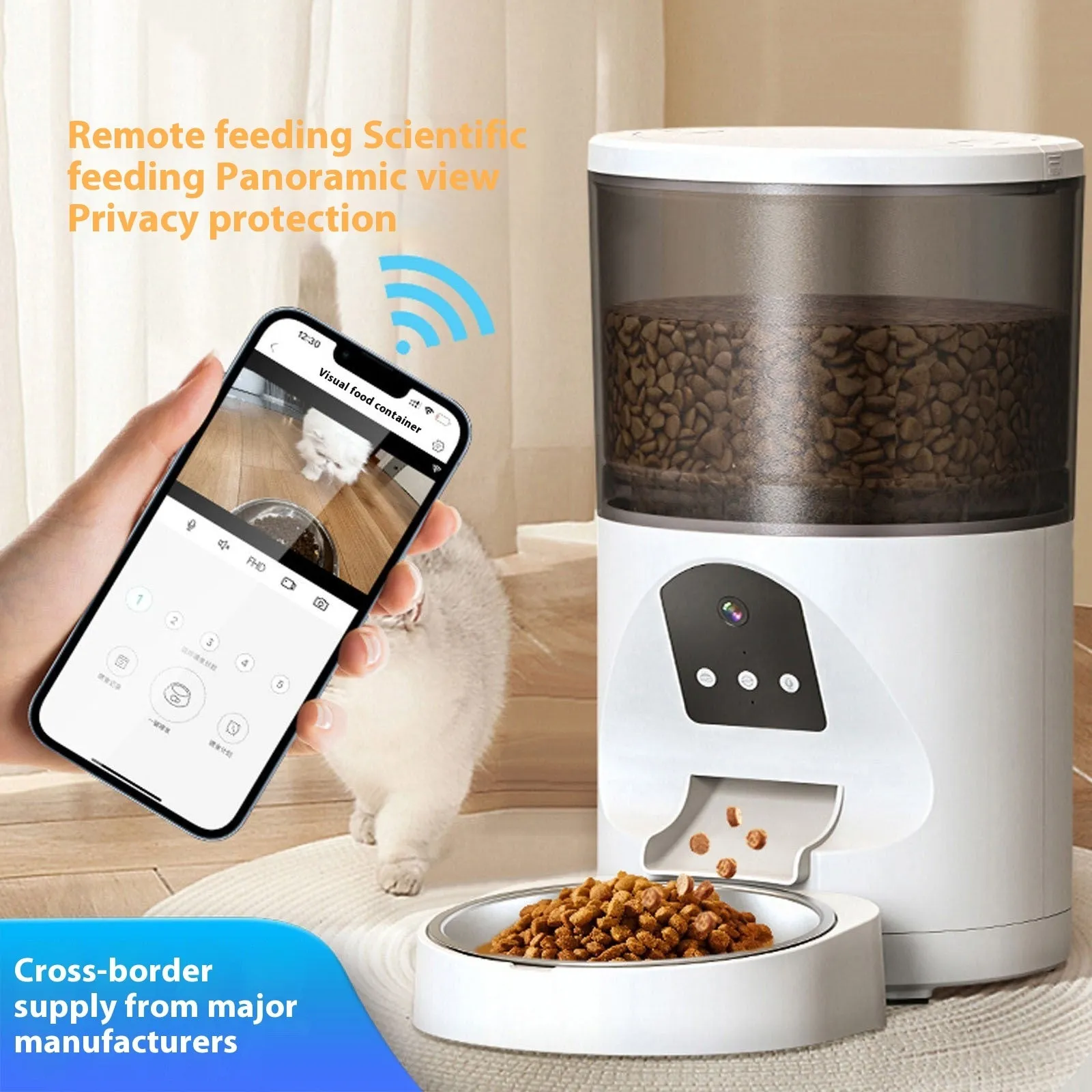White smart visual pet feeder with 2K HD wide-angle camera and food tray for dogs and cats