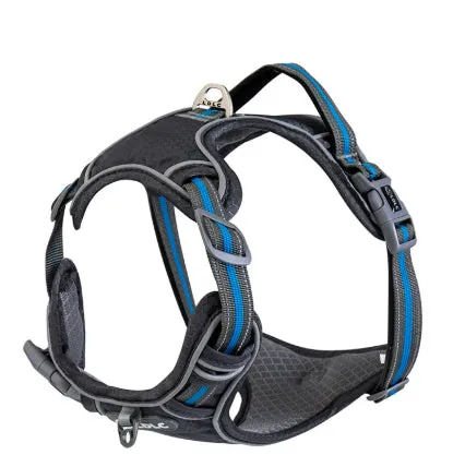 Nylon traction strap pet harness with reflective strips in army green, side view on white background