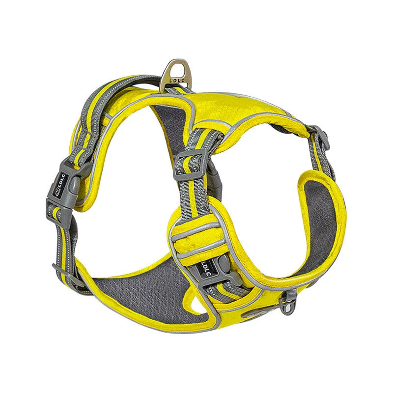 Nylon traction strap pet harness with reflective strips in army green, side view on white background