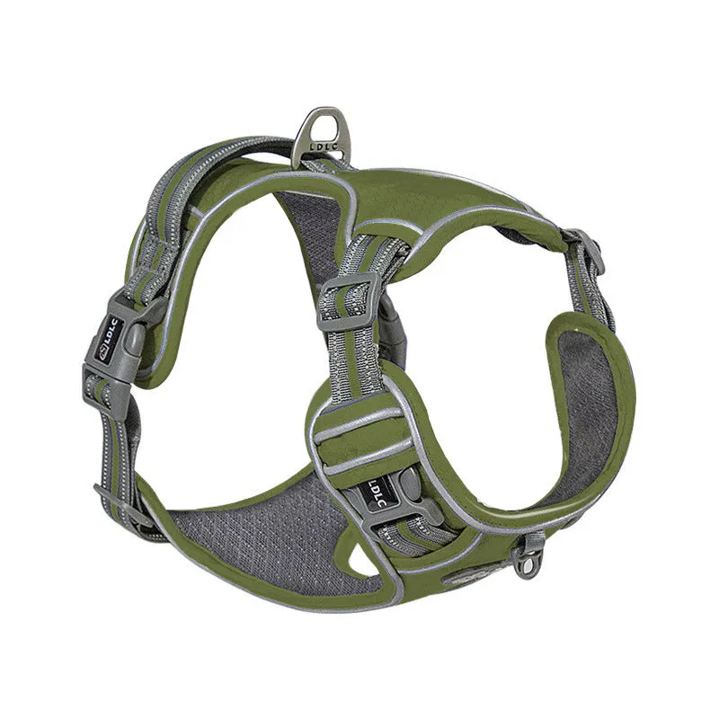 Nylon traction strap pet harness with reflective strips in army green, side view on white background