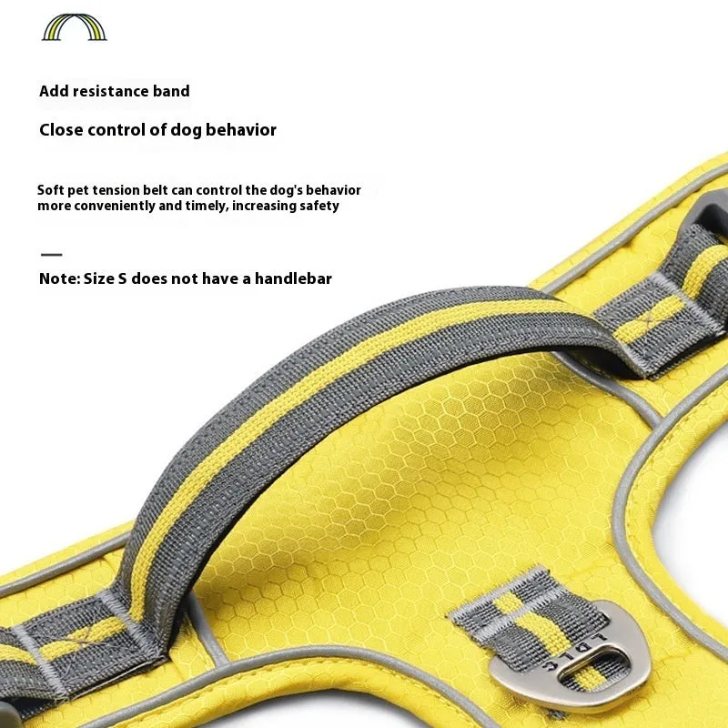 Nylon traction strap pet harness with reflective strips in army green, side view on white background