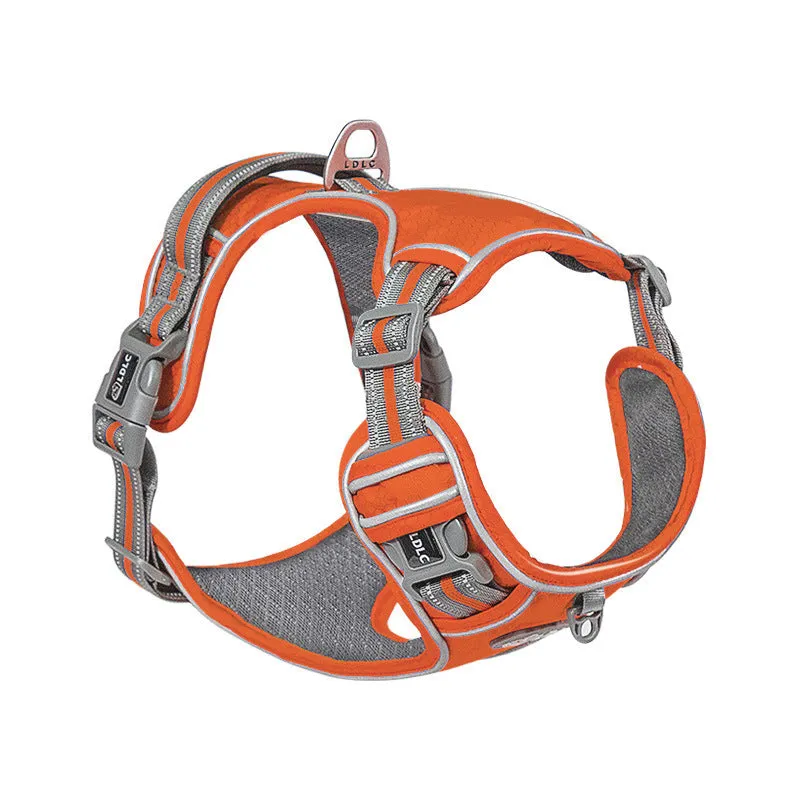 Nylon traction strap pet harness with reflective strips in army green, side view on white background