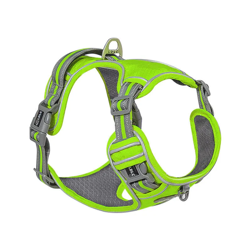 Nylon traction strap pet harness with reflective strips in army green, side view on white background