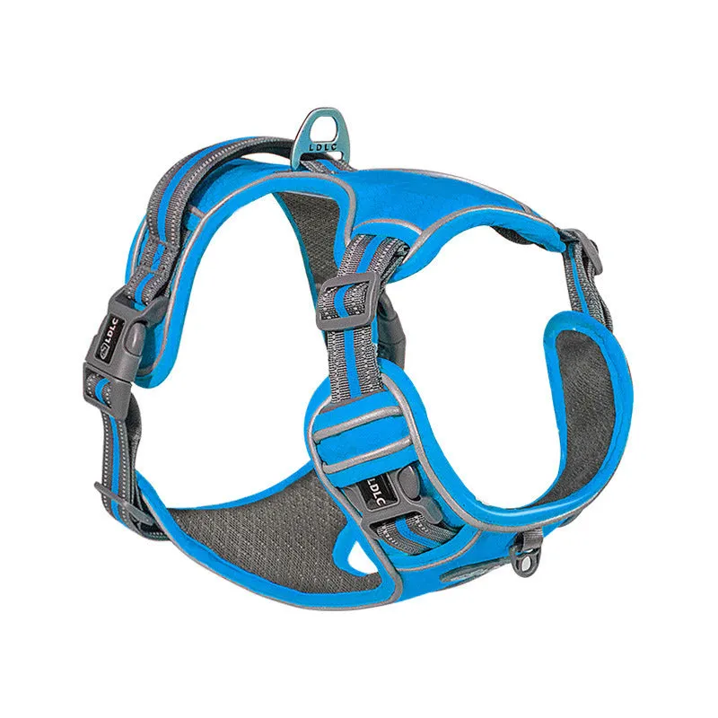 Nylon traction strap pet harness with reflective strips in army green, side view on white background