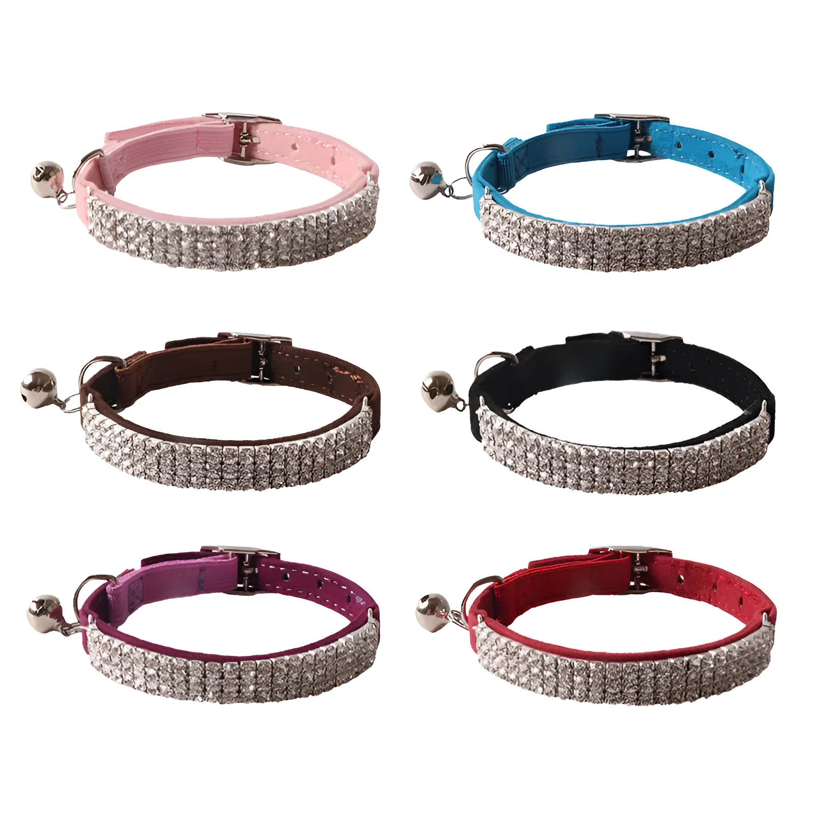 Pink flannel cat collar with elastic buckle and gang drill decoration on a textured flocked material.