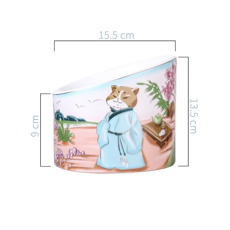 Chinese style ceramic cat bowl with high legs and double slanted mouth compartments