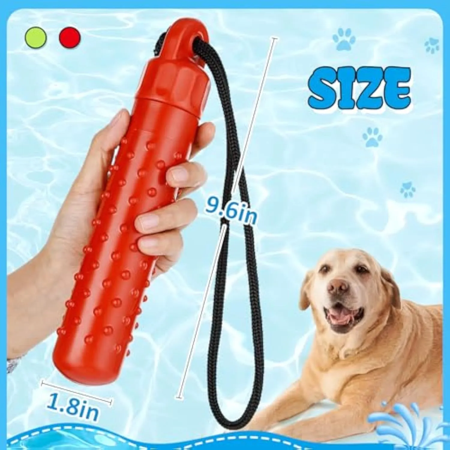Two floating dog pool toys in red and green, TPR material with rope, 240x45mm, floating on water