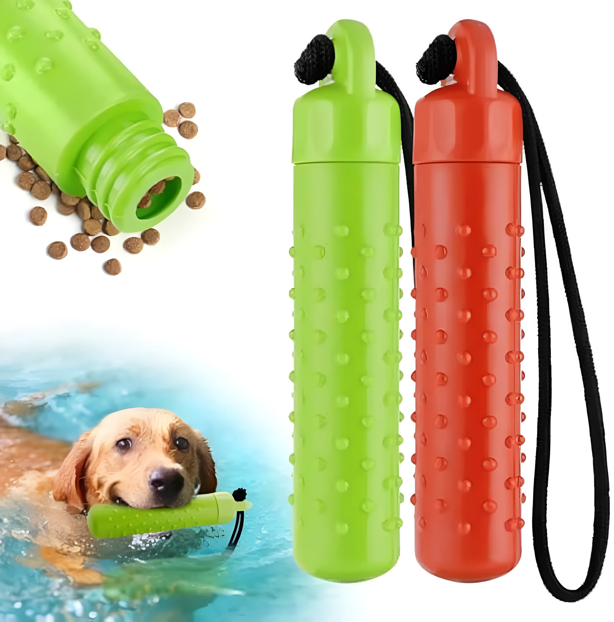 Two floating dog pool toys in red and green, TPR material with rope, 240x45mm, floating on water