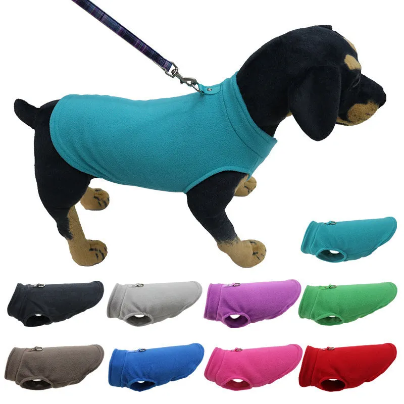 Polar fleece dog waistcoat winter coat in solid colours including red, black, blue, grey, green, purple, pink, brown
