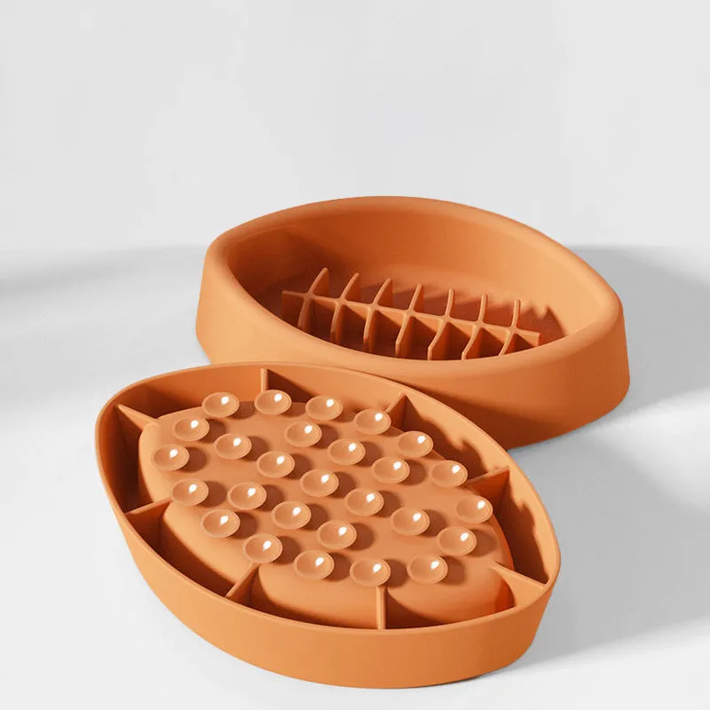 Silicone slow feed pet bowl with suction cup base in blue, grey, orange and red colour options