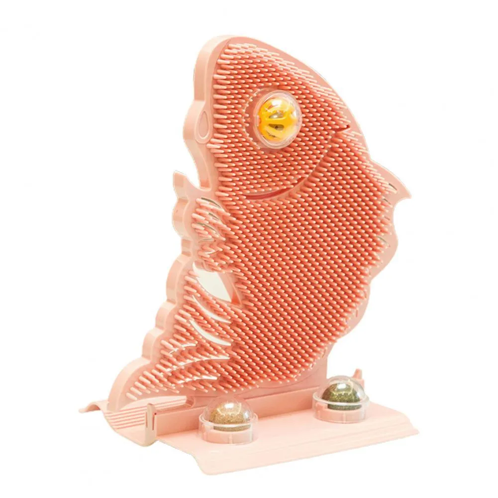 Blue, grey, or pink plastic fish-shaped cat wall scratcher toy set with catnip balls and a bell.