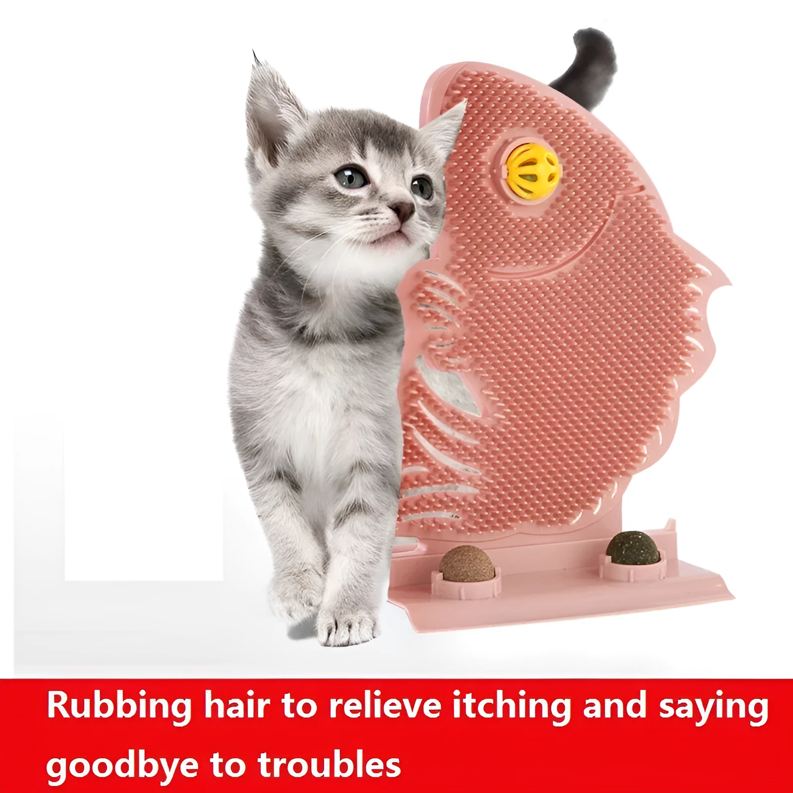 Blue, grey, or pink plastic fish-shaped cat wall scratcher toy set with catnip balls and a bell.