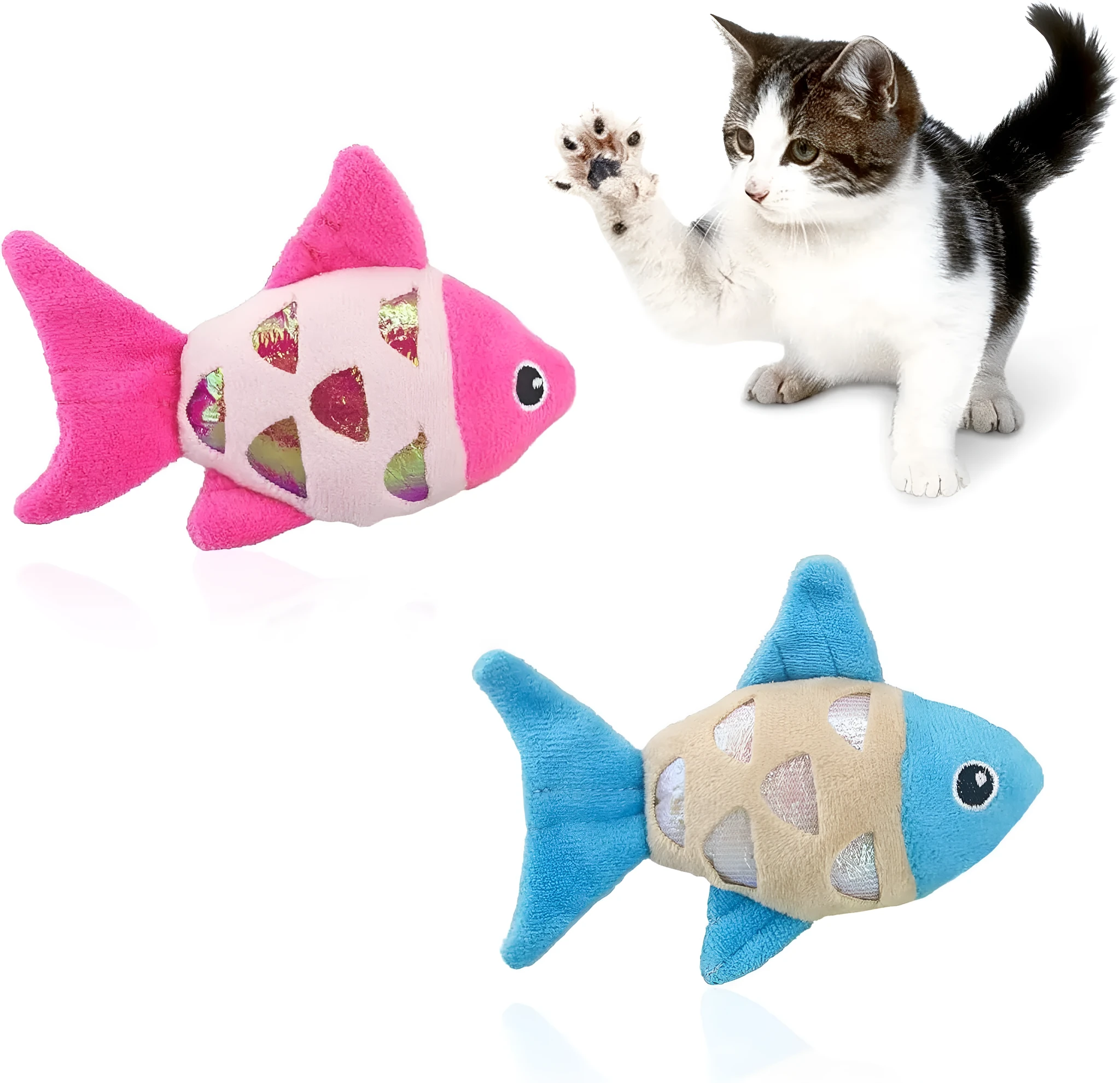 Two fish-shaped catnip plush toys with crinkle paper sound layer in blue, orange, and pink colour options