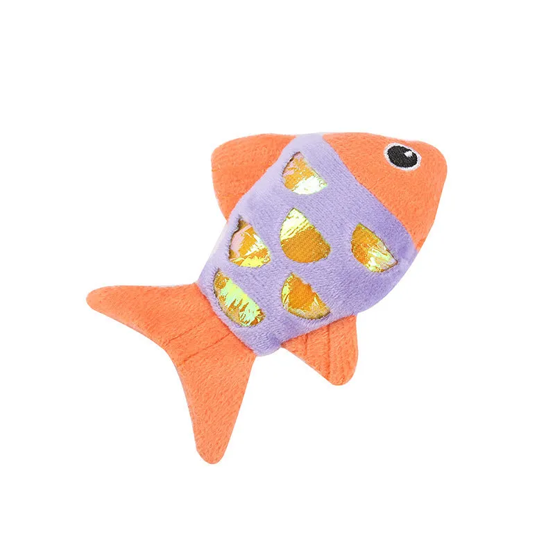 Two fish-shaped catnip plush toys with crinkle paper sound layer in blue, orange, and pink colour options