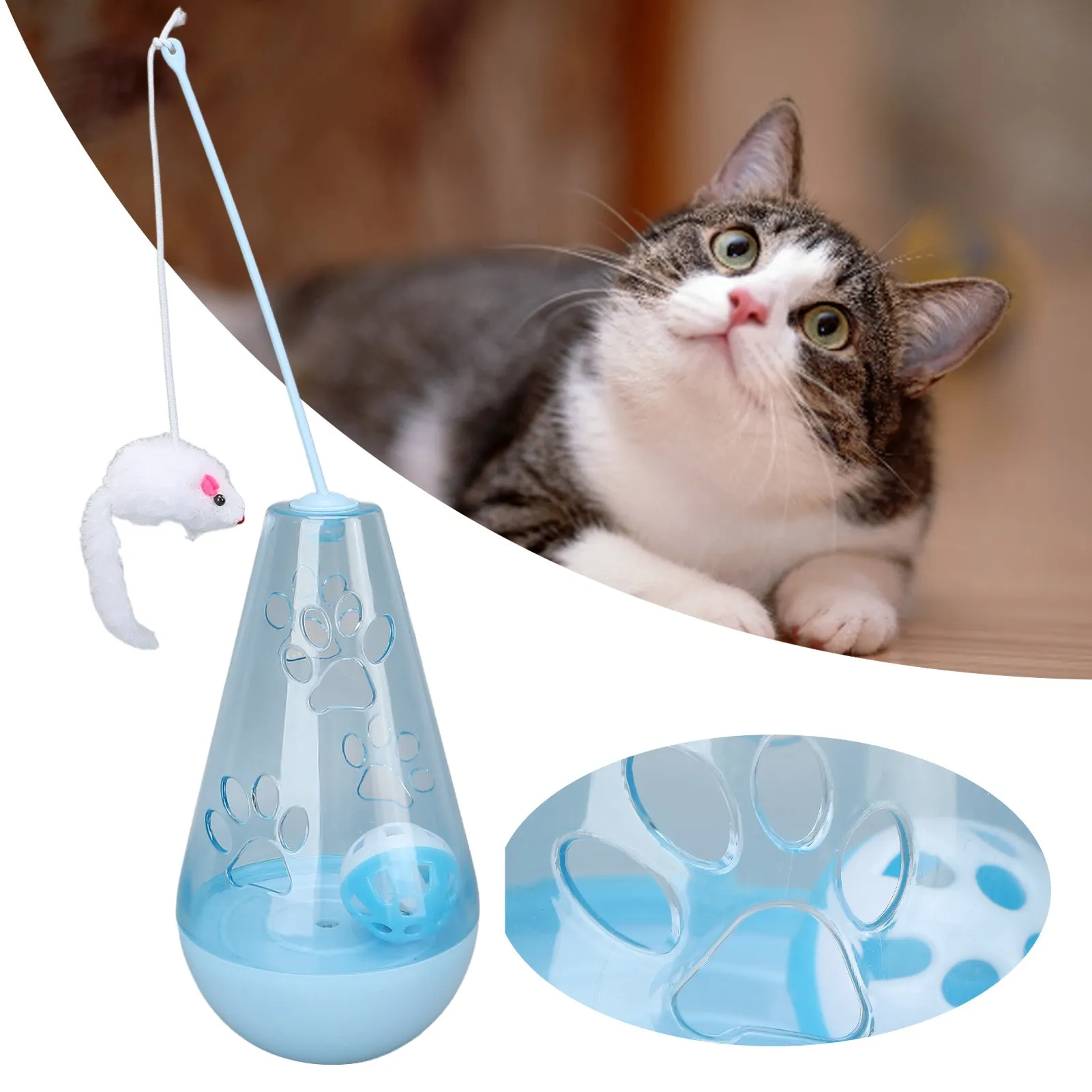 Blue and yellow cat toy with bell ball, treat dispenser, and plush mouse wand for indoor feline play