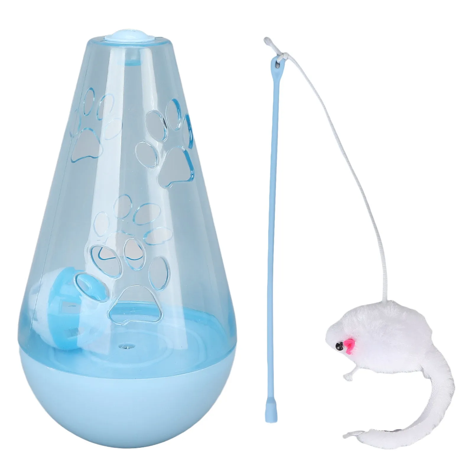 Blue and yellow cat toy with bell ball, treat dispenser, and plush mouse wand for indoor feline play