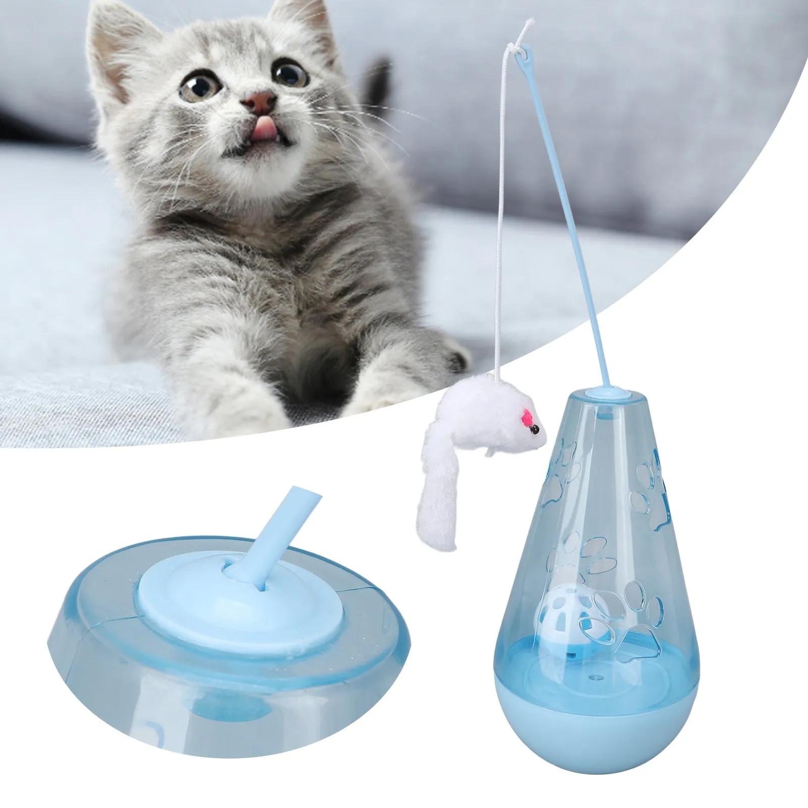 Blue and yellow cat toy with bell ball, treat dispenser, and plush mouse wand for indoor feline play