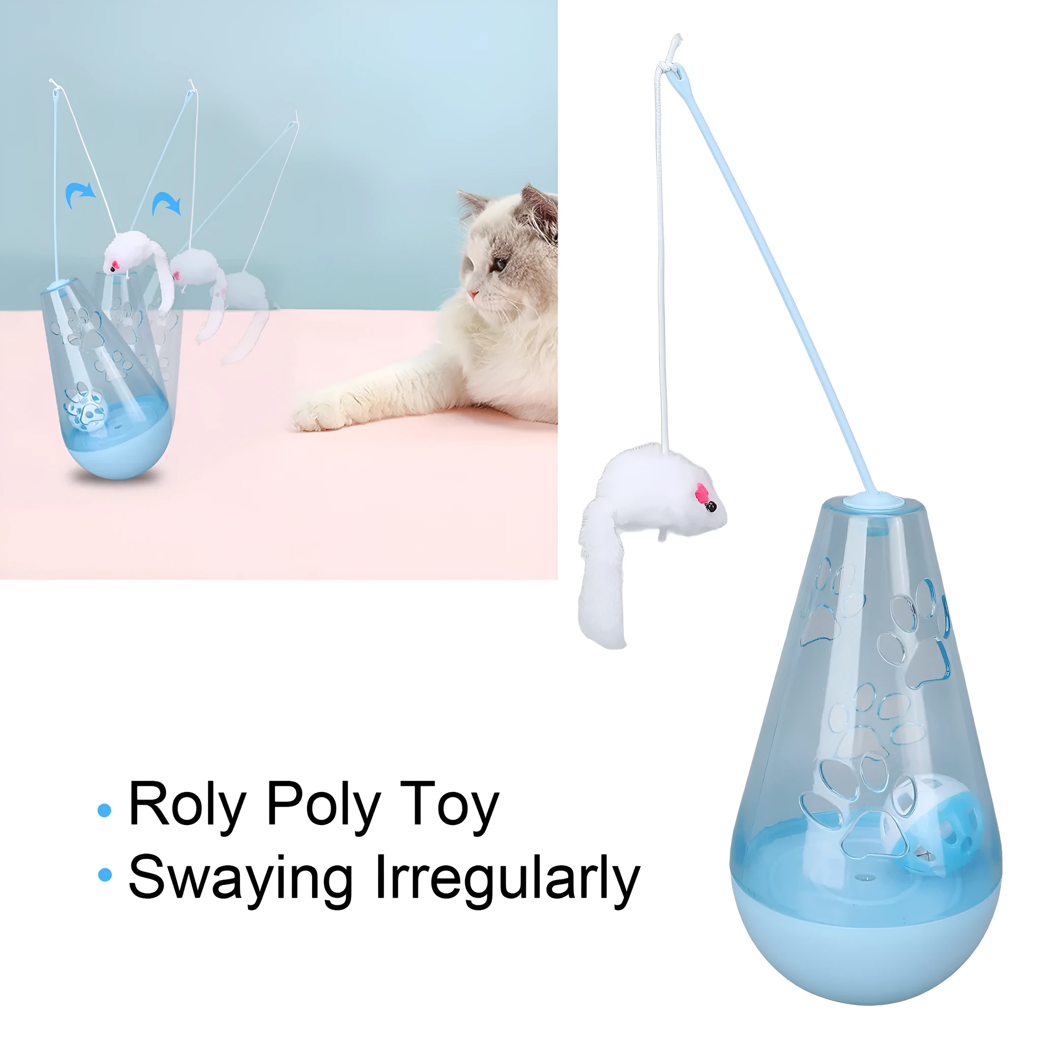 Blue and yellow cat toy with bell ball, treat dispenser, and plush mouse wand for indoor feline play