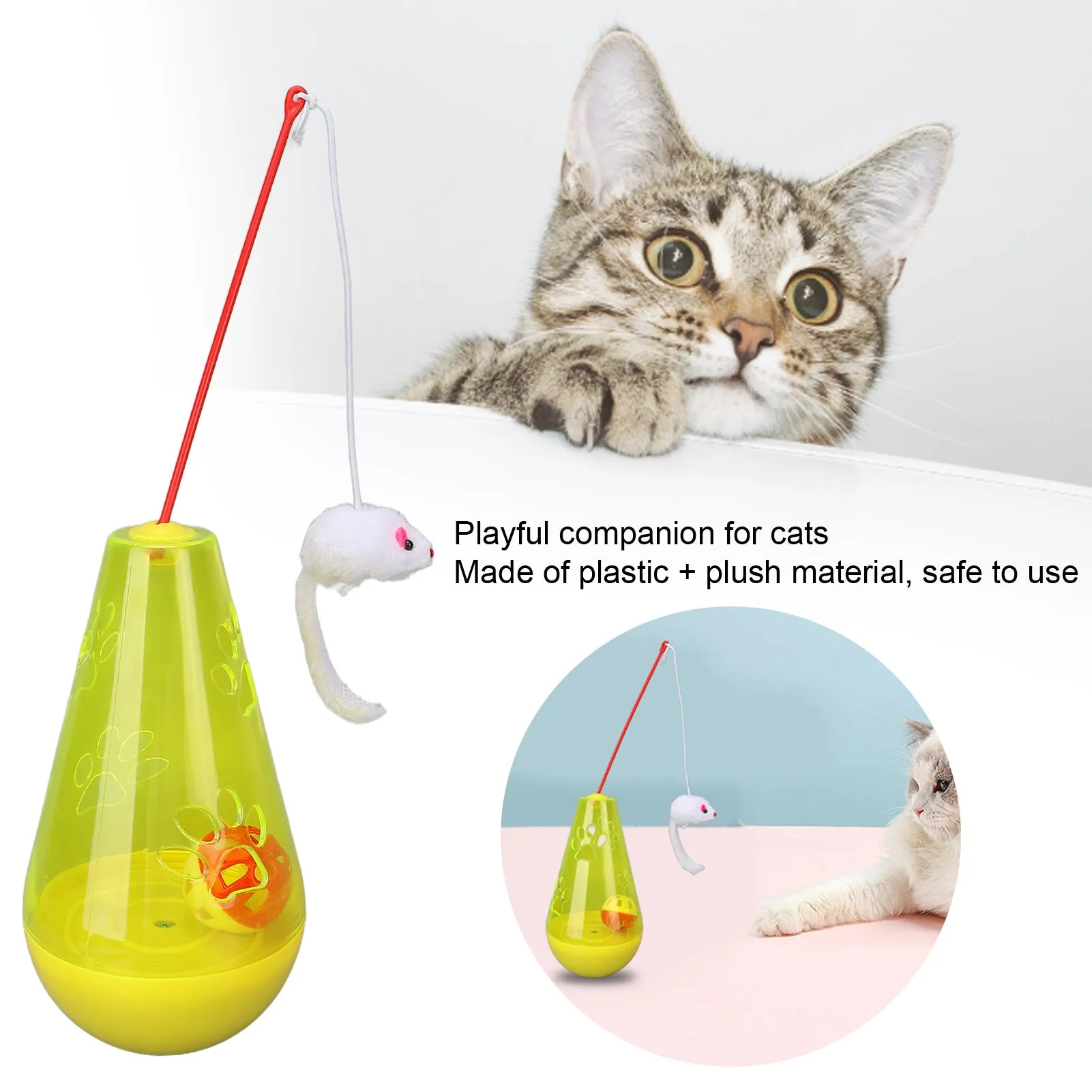 Blue and yellow cat toy with bell ball, treat dispenser, and plush mouse wand for indoor feline play