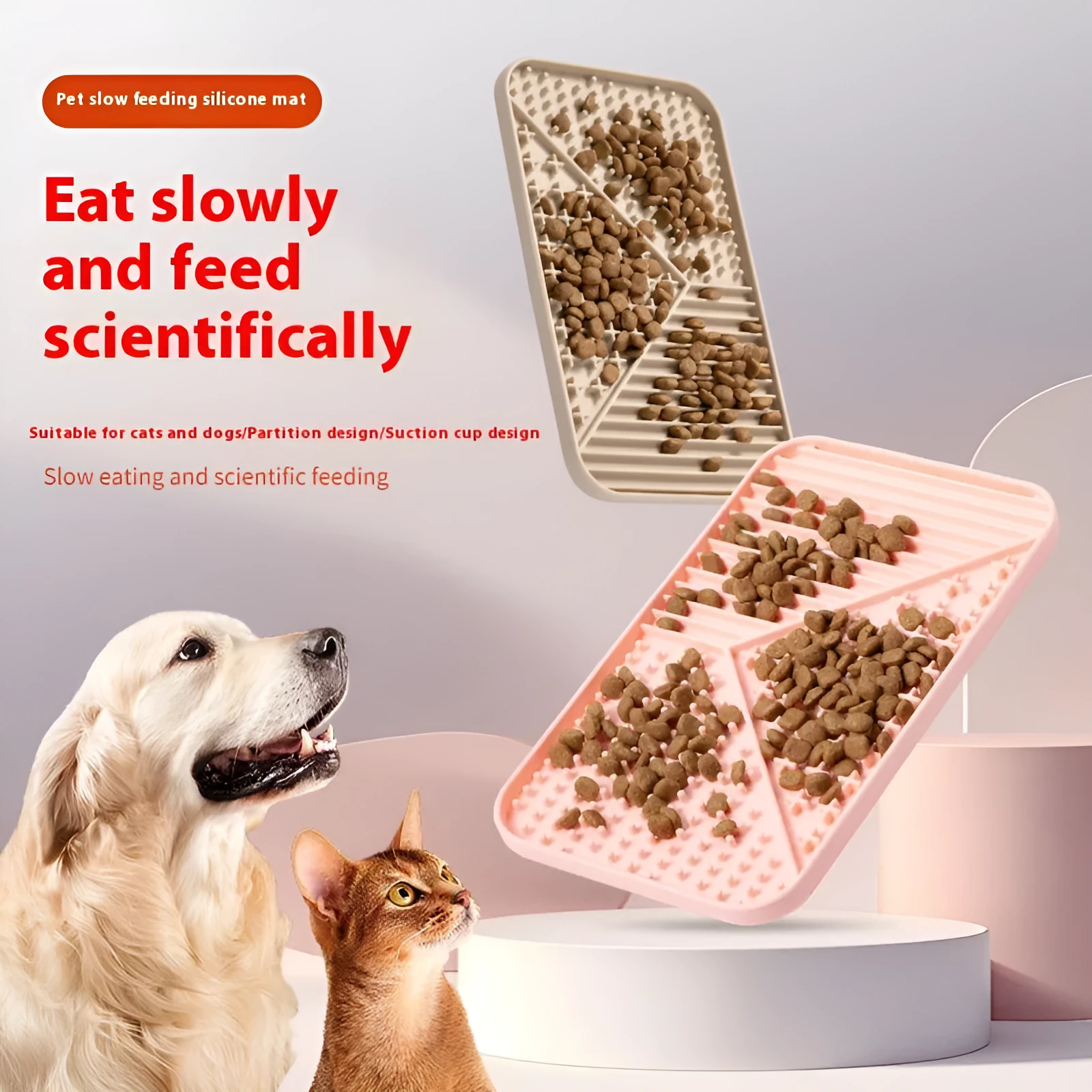 Silicone pet licking mat with suction cup base in pink, grey and khaki colour options
