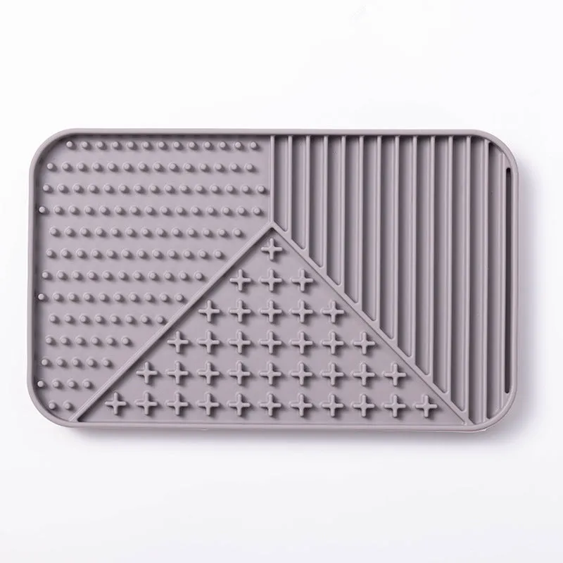 Silicone pet licking mat with suction cup base in pink, grey and khaki colour options