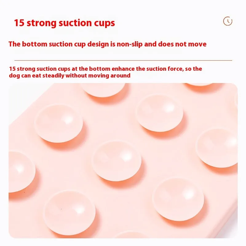 Silicone pet licking mat with suction cup base in pink, grey and khaki colour options