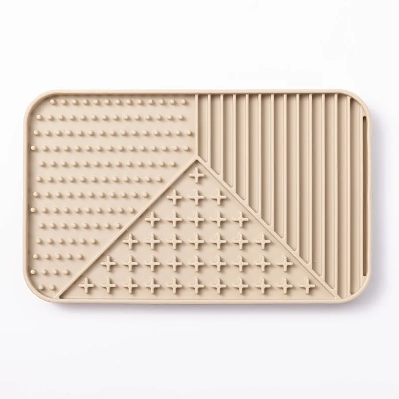 Silicone pet licking mat with suction cup base in pink, grey and khaki colour options