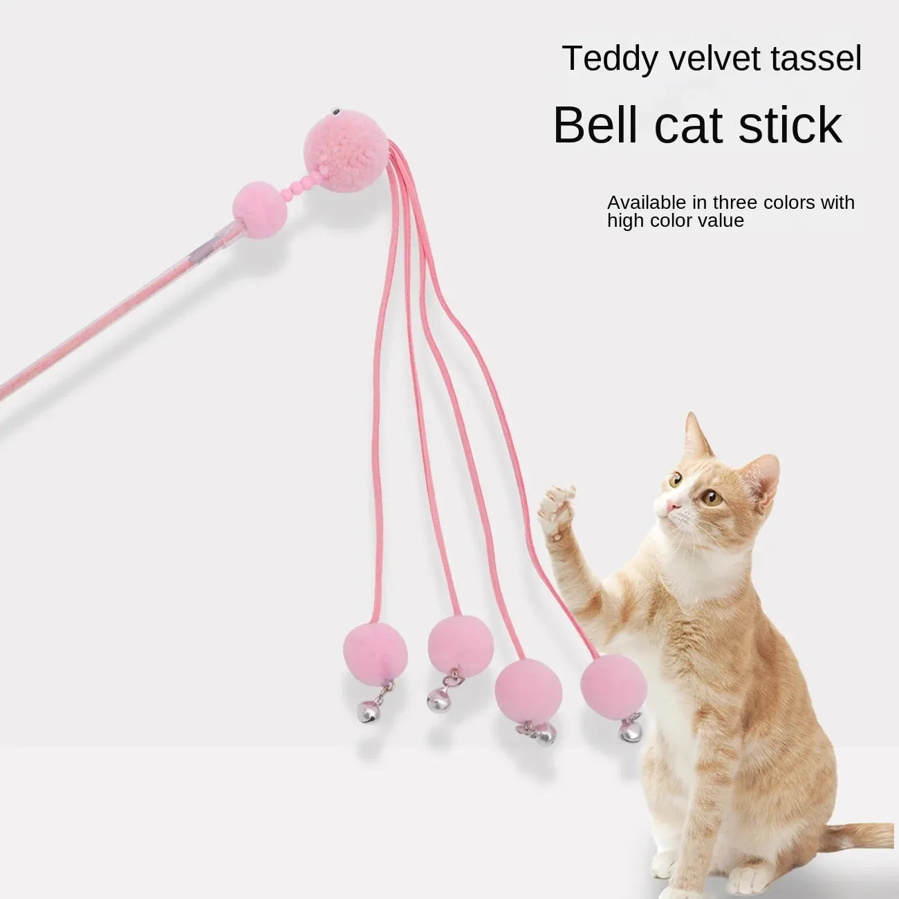 Blue cat toy wand with a fluffy tassel on a stick for interactive pet play.