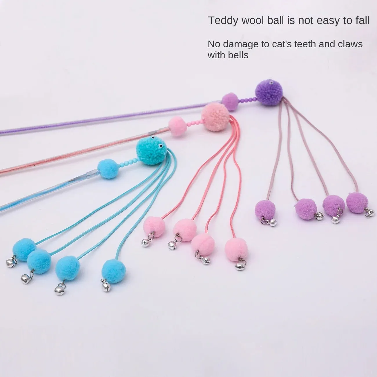 Blue cat toy wand with a fluffy tassel on a stick for interactive pet play.