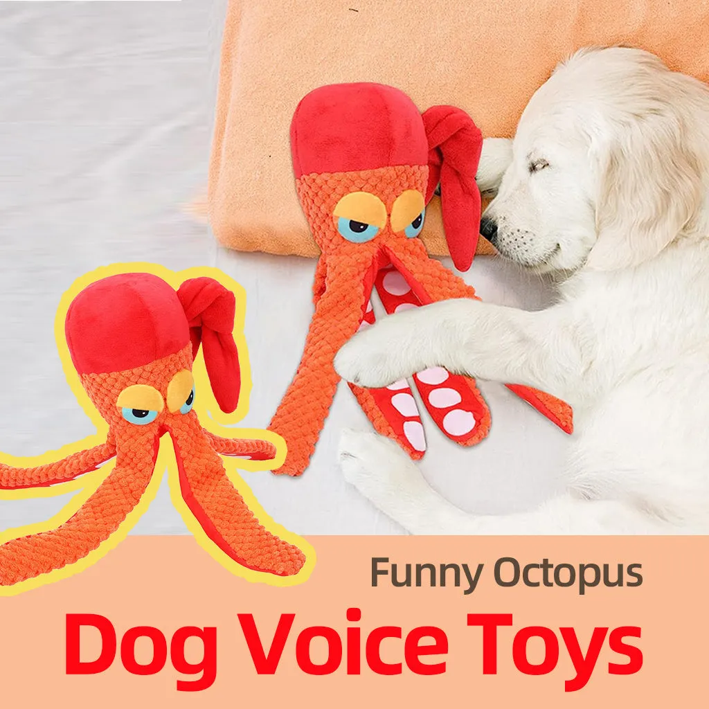 Orange octopus plush dog chew toy with textured tentacles and squeaker for dental cleaning