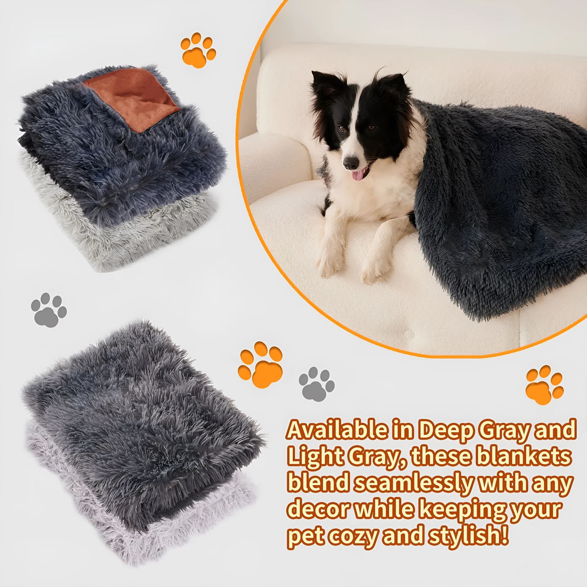 Light grey velvet plush pet blanket shown on a sofa, with a small dog lying on it.