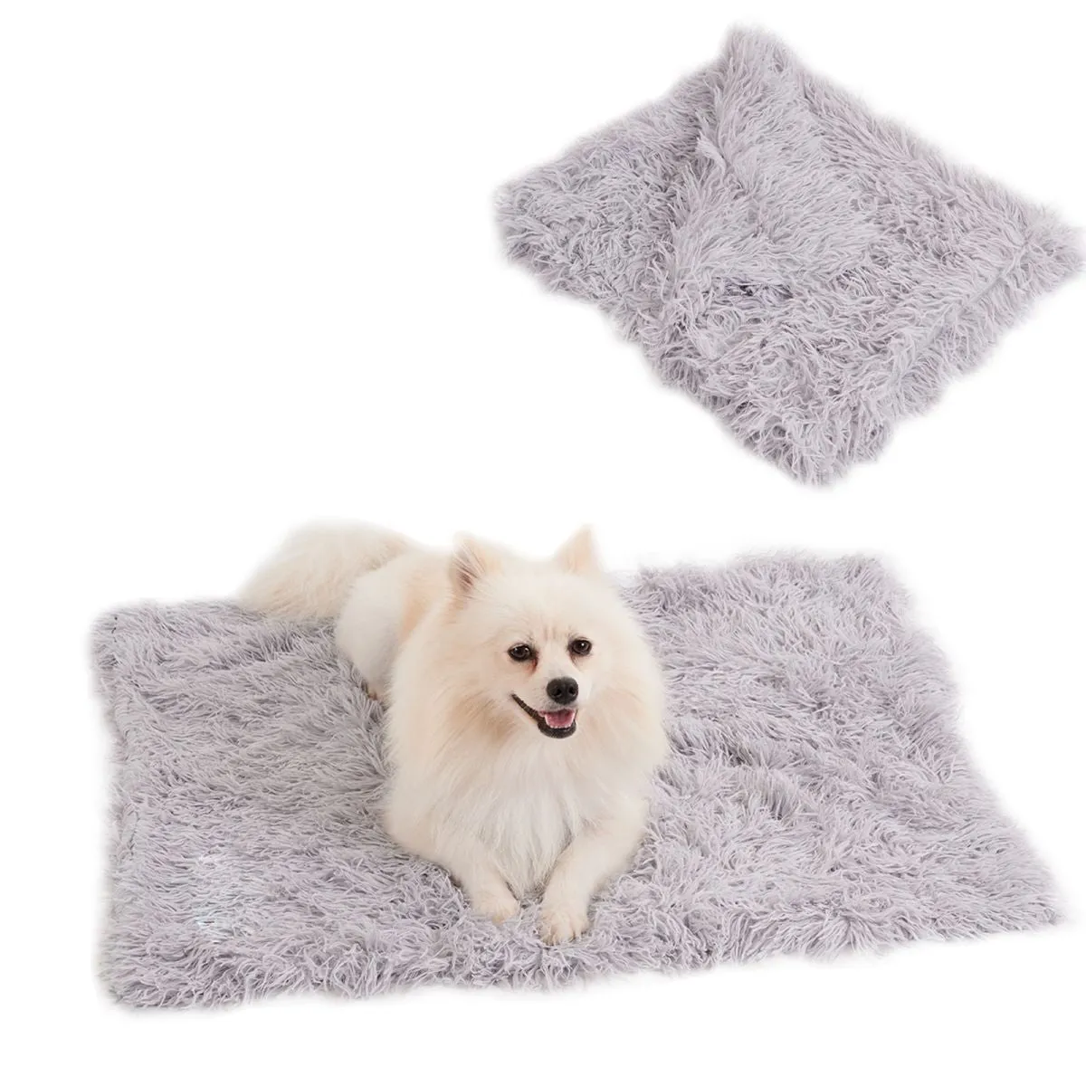 Light grey velvet plush pet blanket shown on a sofa, with a small dog lying on it.