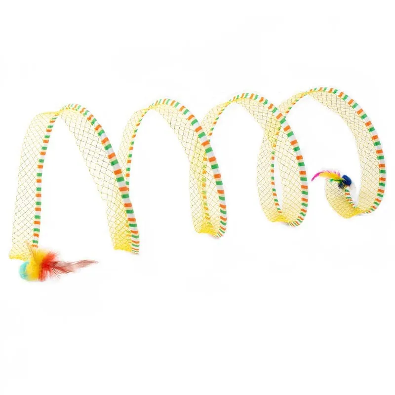 Blue cat tunnel and long pole teasing stick with feather attachments for cat play.