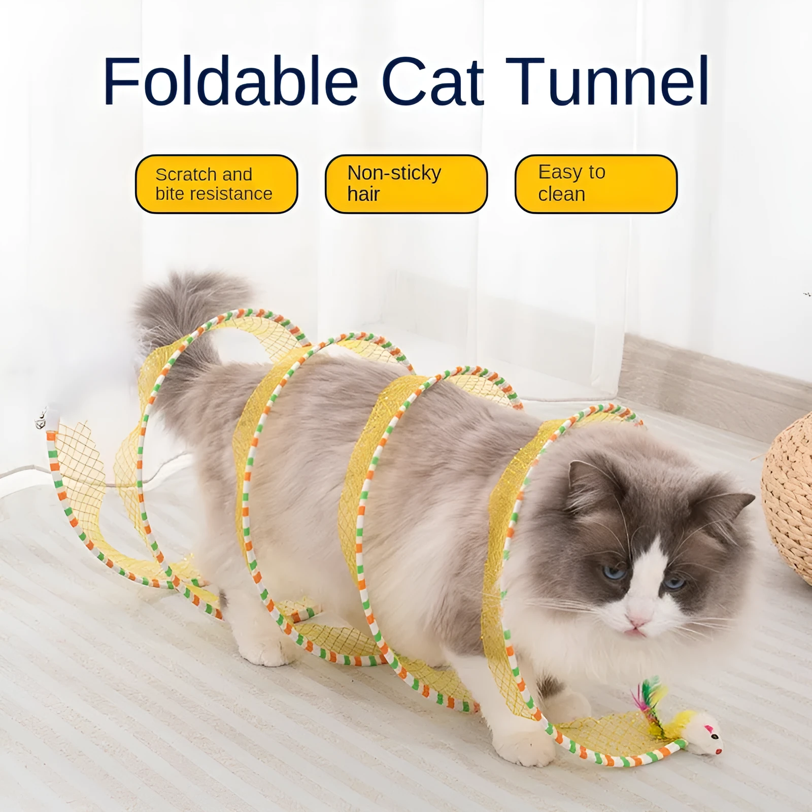 Blue cat tunnel and long pole teasing stick with feather attachments for cat play.
