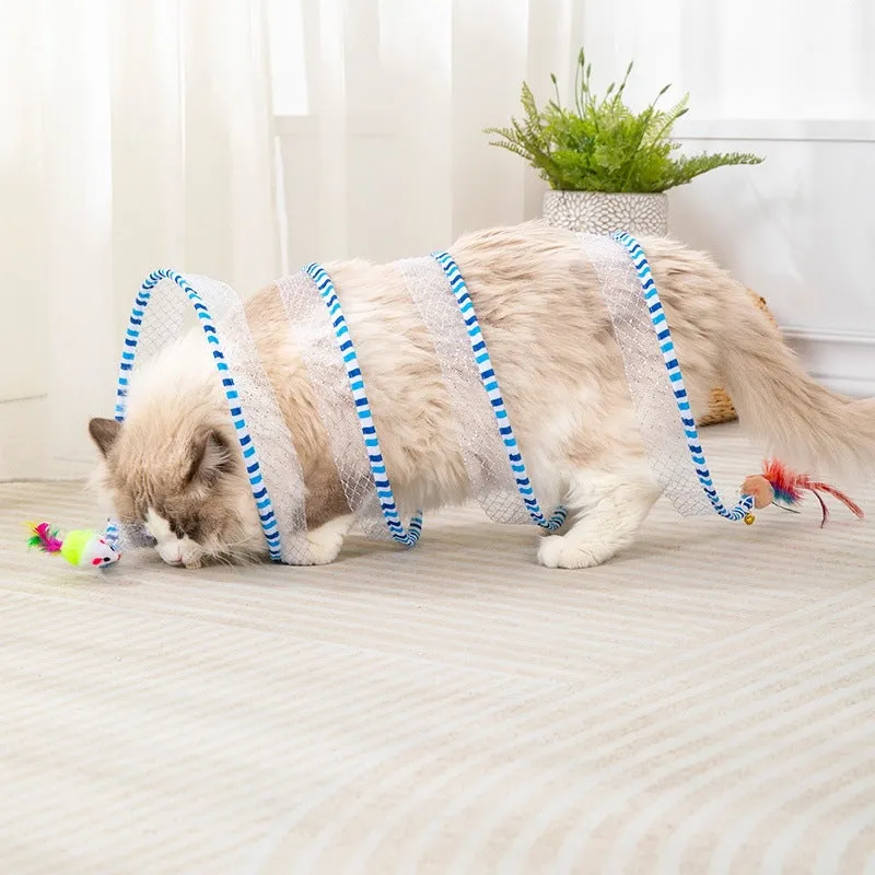 Blue cat tunnel and long pole teasing stick with feather attachments for cat play.