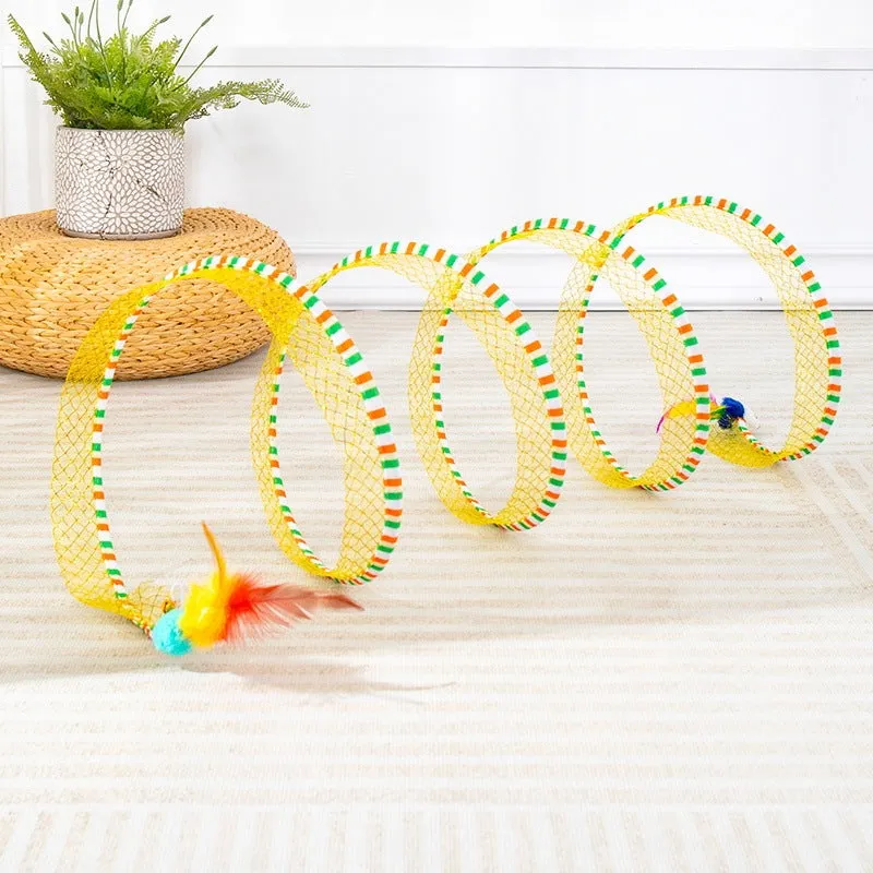 Blue cat tunnel and long pole teasing stick with feather attachments for cat play.