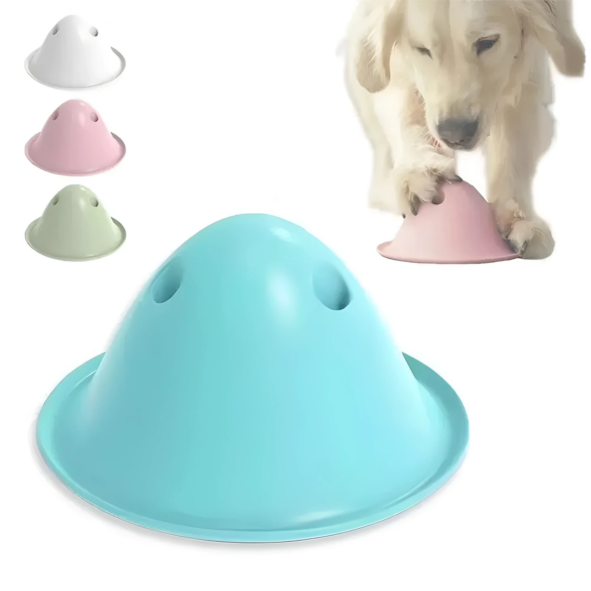 Square-shaped green dog puzzle chew toy with treat slots on a white background.