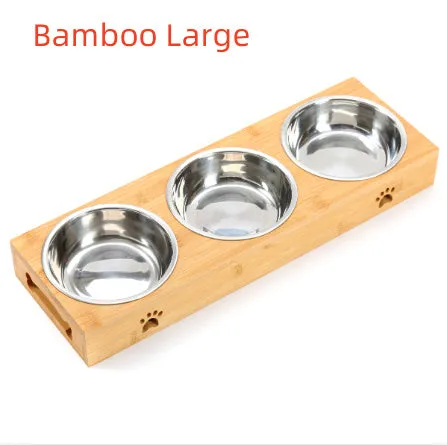 Solid wood pet dining table with stainless steel bowls in bamboo colour for elevated pet feeding