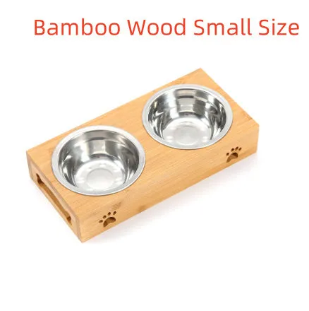 Solid wood pet dining table with stainless steel bowls in bamboo colour for elevated pet feeding