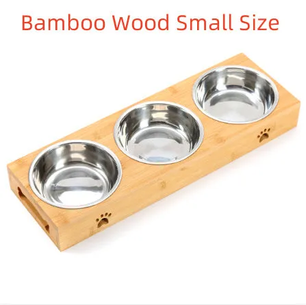 Solid wood pet dining table with stainless steel bowls in bamboo colour for elevated pet feeding