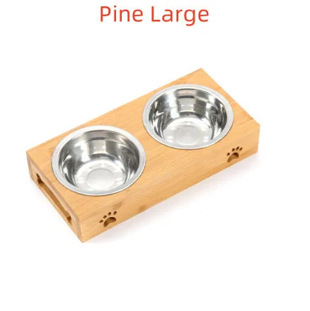 Solid wood pet dining table with stainless steel bowls in bamboo colour for elevated pet feeding