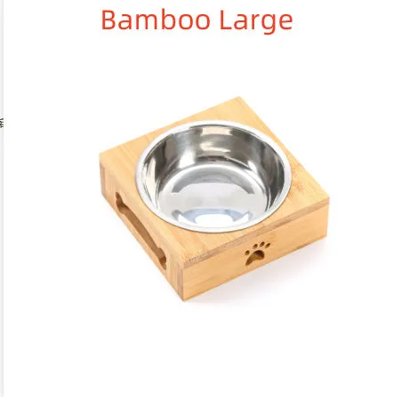 Solid wood pet dining table with stainless steel bowls in bamboo colour for elevated pet feeding