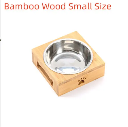 Solid wood pet dining table with stainless steel bowls in bamboo colour for elevated pet feeding