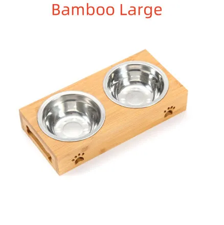 Solid wood pet dining table with stainless steel bowls in bamboo colour for elevated pet feeding